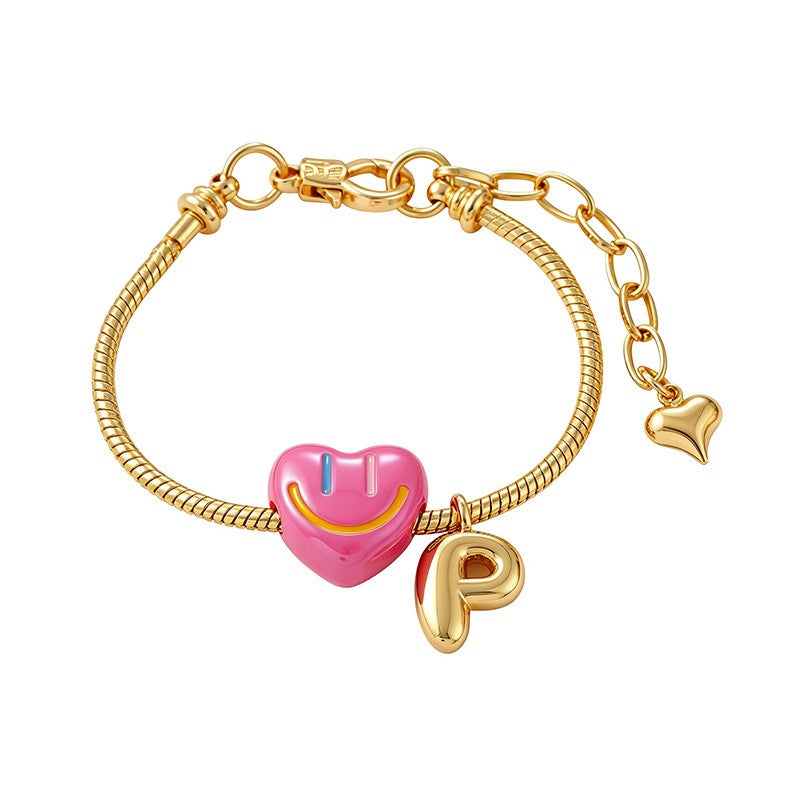 18k Boho Smiley Heart Initial Bracelet Set