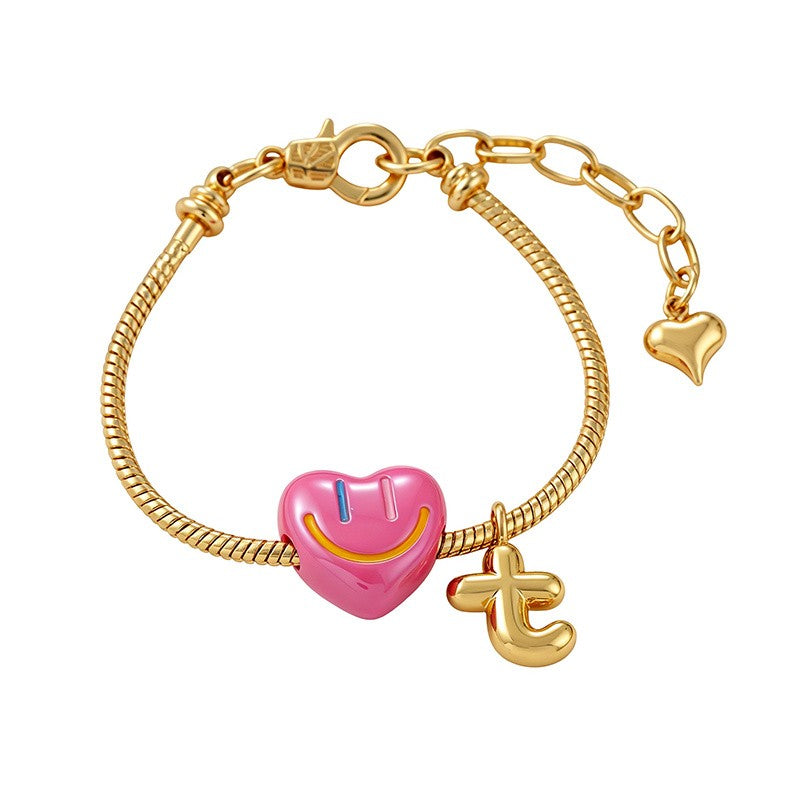 18k Boho Smiley Heart Initial Bracelet Set