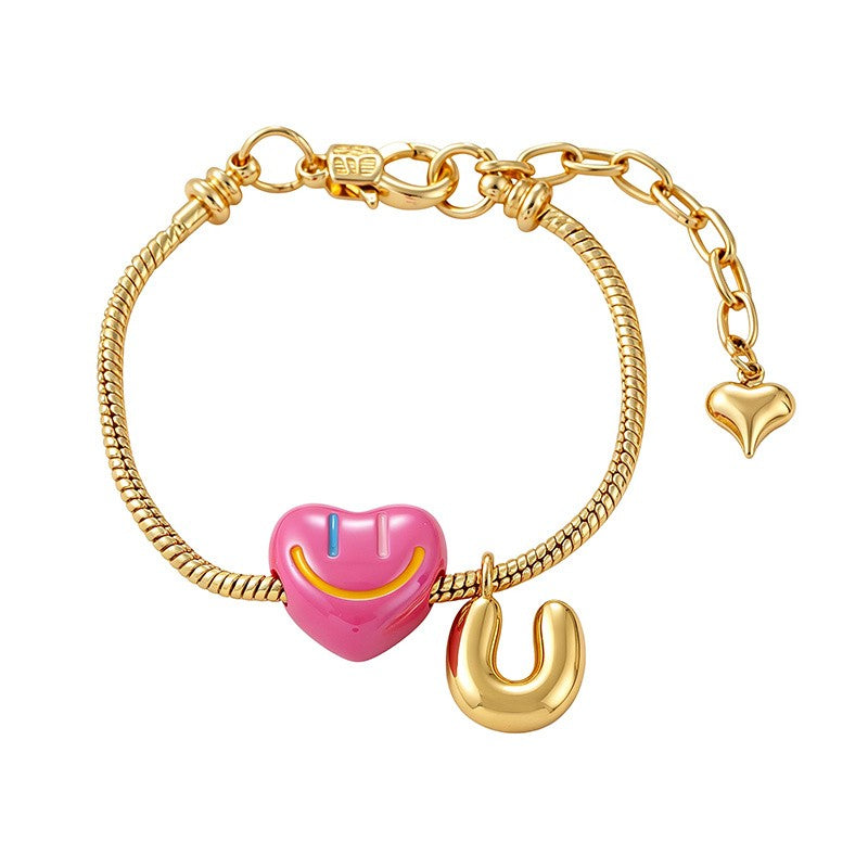 18k Boho Smiley Heart Initial Bracelet Set