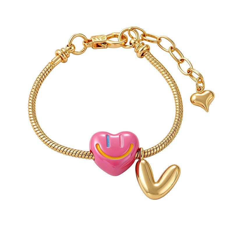 18k Boho Smiley Heart Initial Bracelet Set