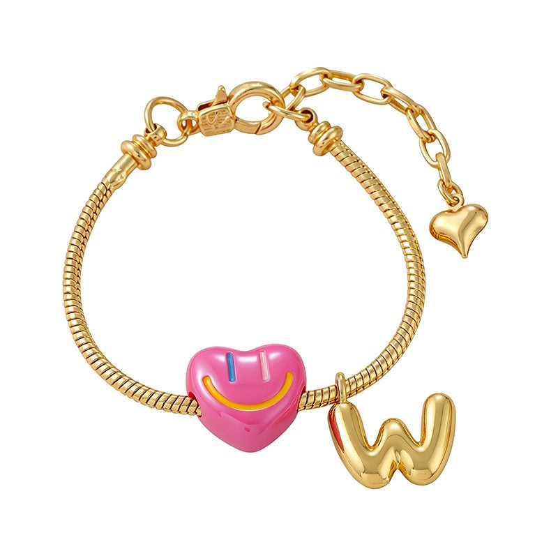 18k Boho Smiley Heart Initial Bracelet Set