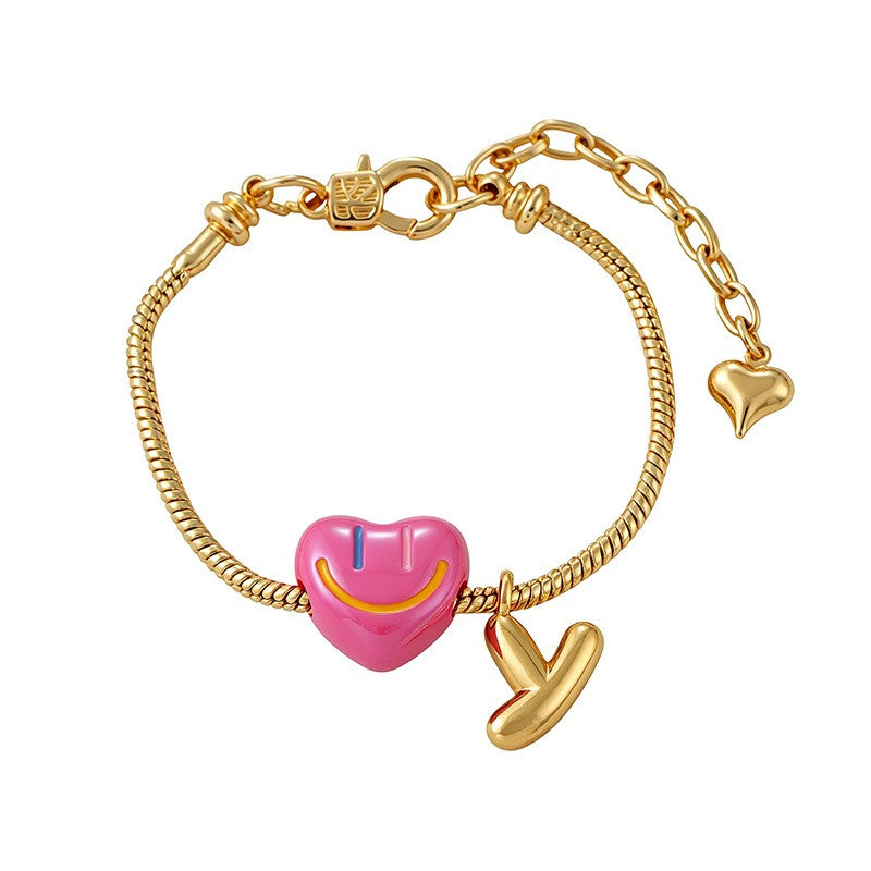 18k Boho Smiley Heart Initial Bracelet Set