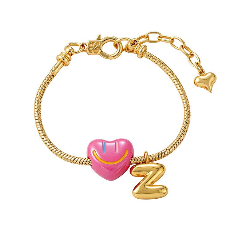 18k Boho Smiley Heart Initial Bracelet Set