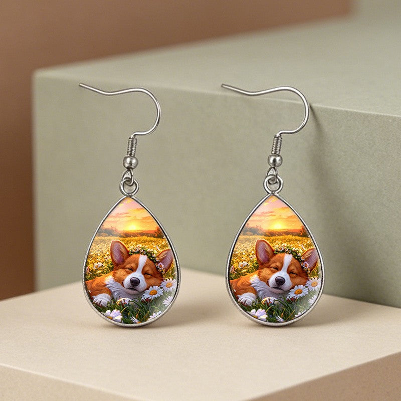 Romantic Corgi Daisy Drop Earrings