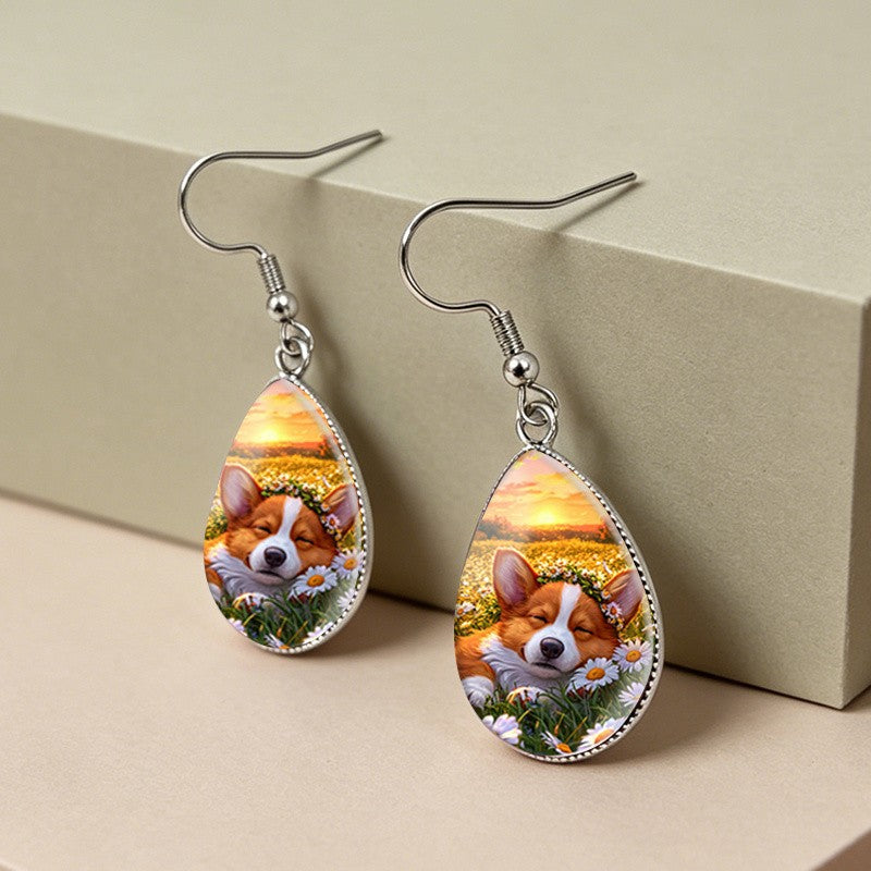 Romantic Corgi Daisy Drop Earrings