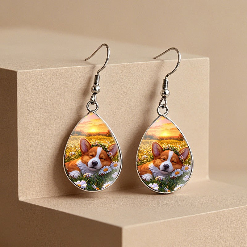 Romantic Corgi Daisy Drop Earrings