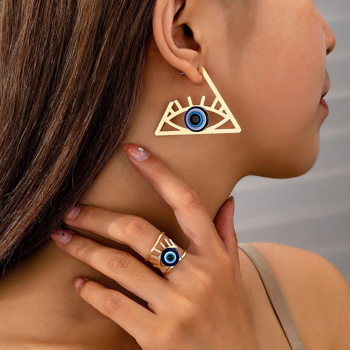Classy Geometric Evil Eye Earring & Ring Set