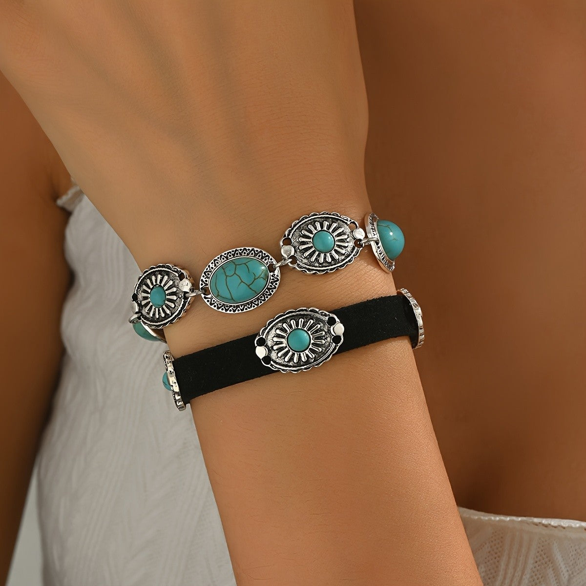 Boho Turquoise Concho Suede Bracelet Set