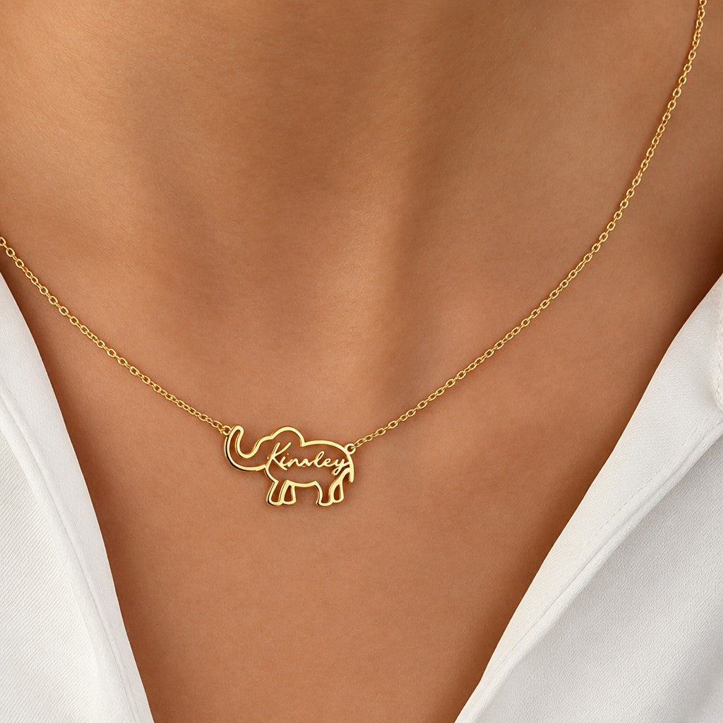18k Dainty Custom Name Elephant Necklace