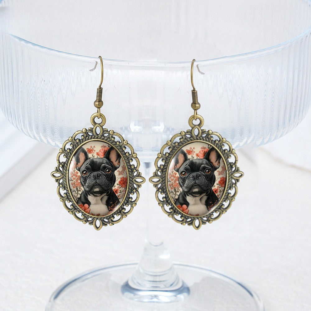 Vintage French Bulldog Floral Earrings