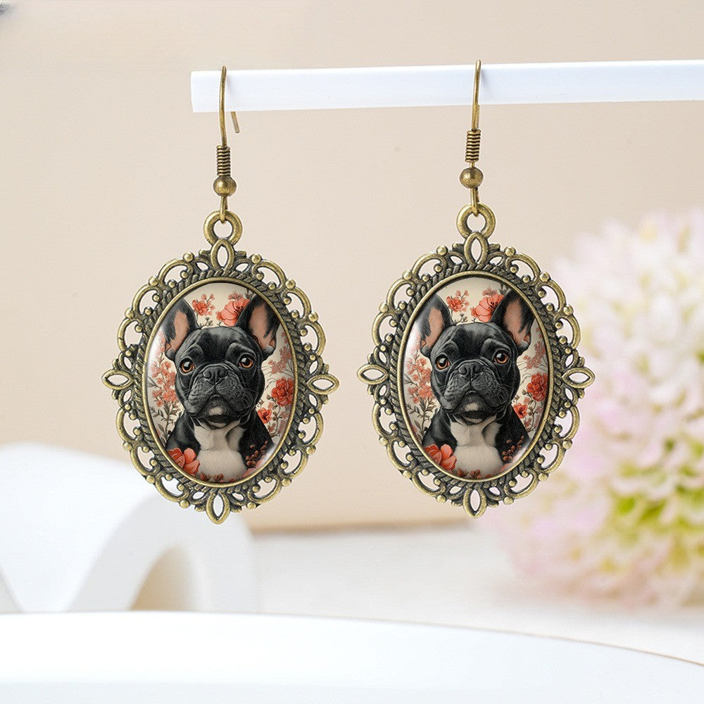 Vintage French Bulldog Floral Earrings