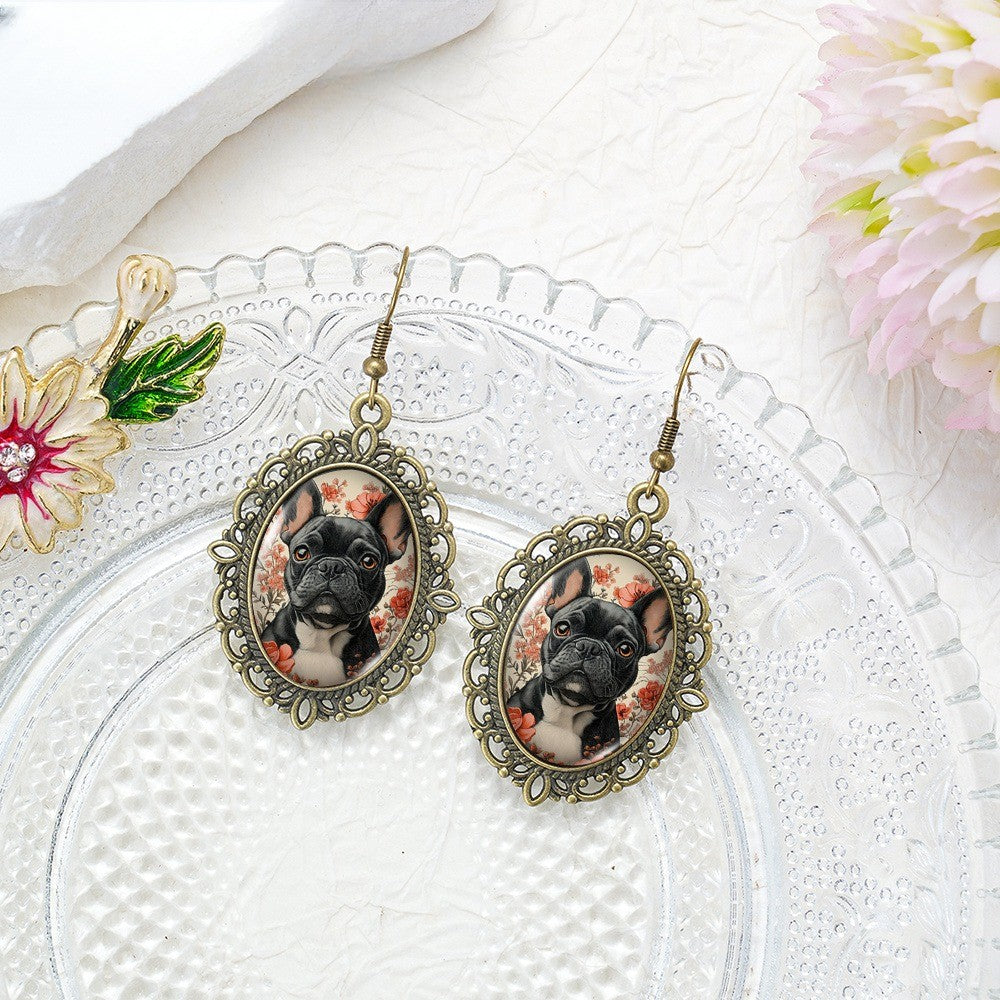 Vintage French Bulldog Floral Earrings