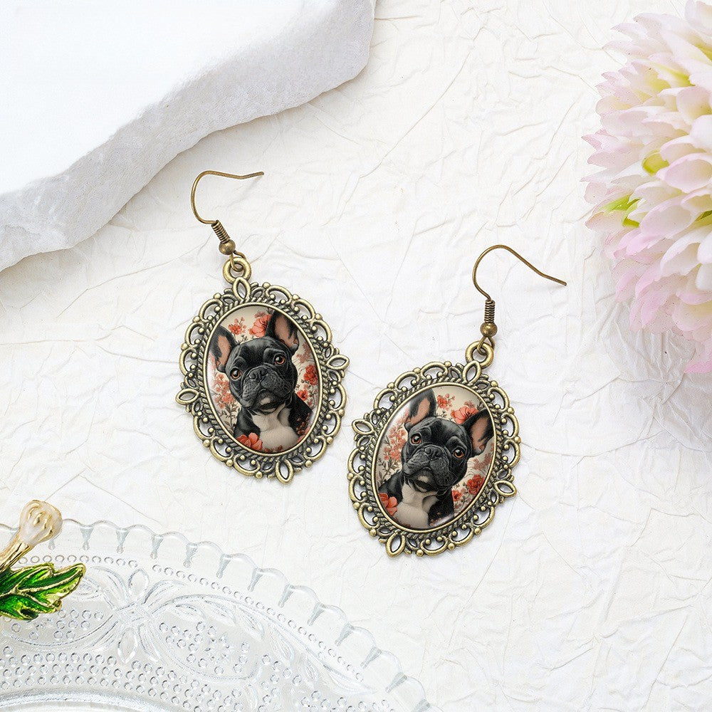Vintage French Bulldog Floral Earrings