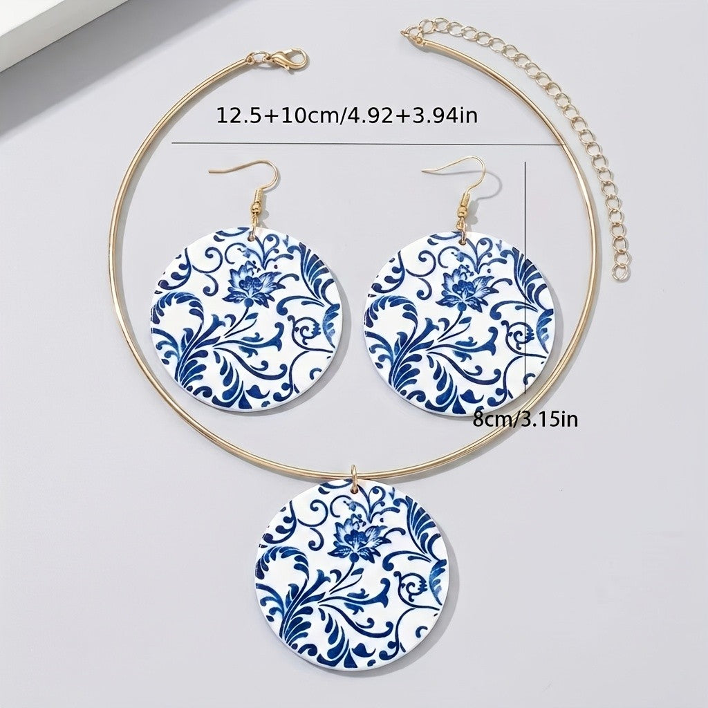 Vintage Blue Porcelain Disc Necklace & Earring Set