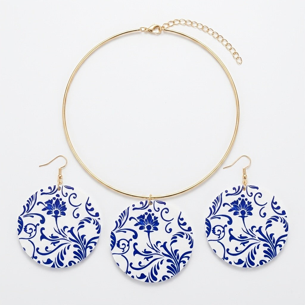 Vintage Blue Porcelain Disc Necklace & Earring Set
