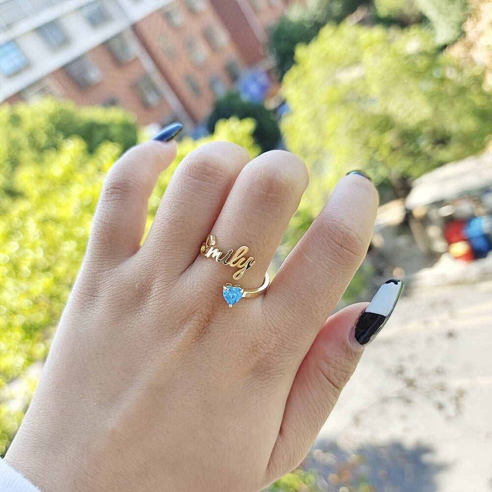 Dainty Script Name & Heart Birthstone Ring
