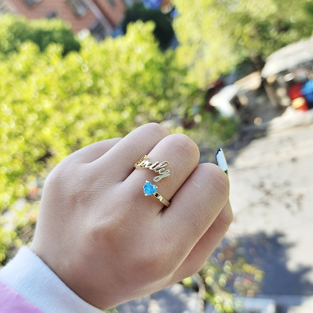 Dainty Script Name & Heart Birthstone Ring