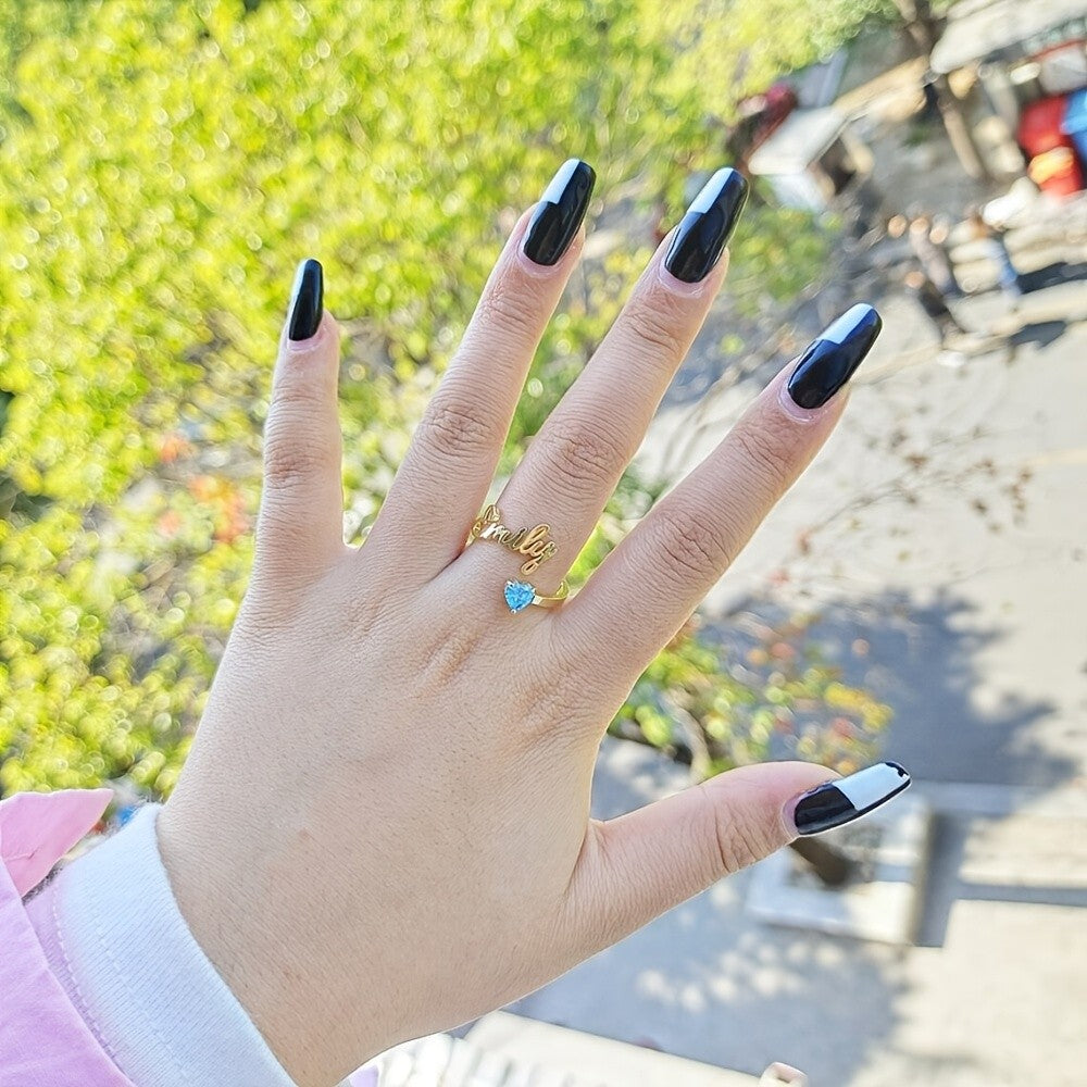 Dainty Script Name & Heart Birthstone Ring