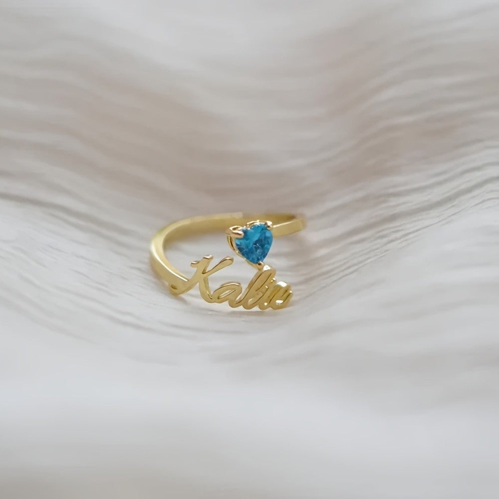 Dainty Script Name & Heart Birthstone Ring