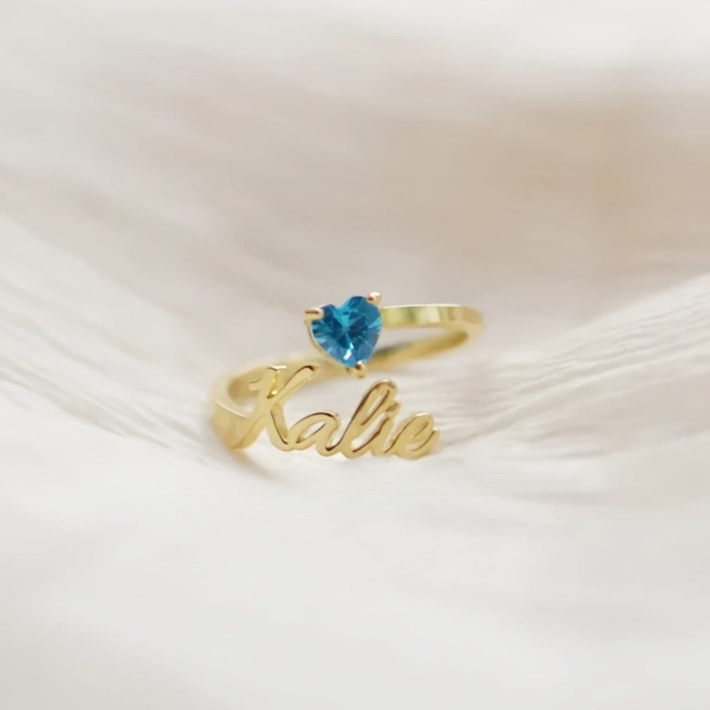 Dainty Script Name & Heart Birthstone Ring