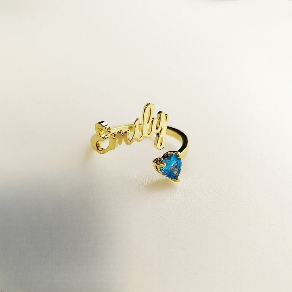 Dainty Script Name & Heart Birthstone Ring