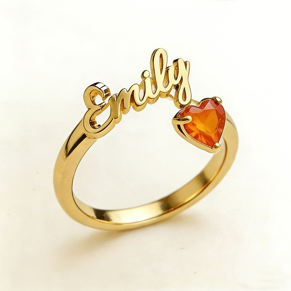 Dainty Script Name & Heart Birthstone Ring