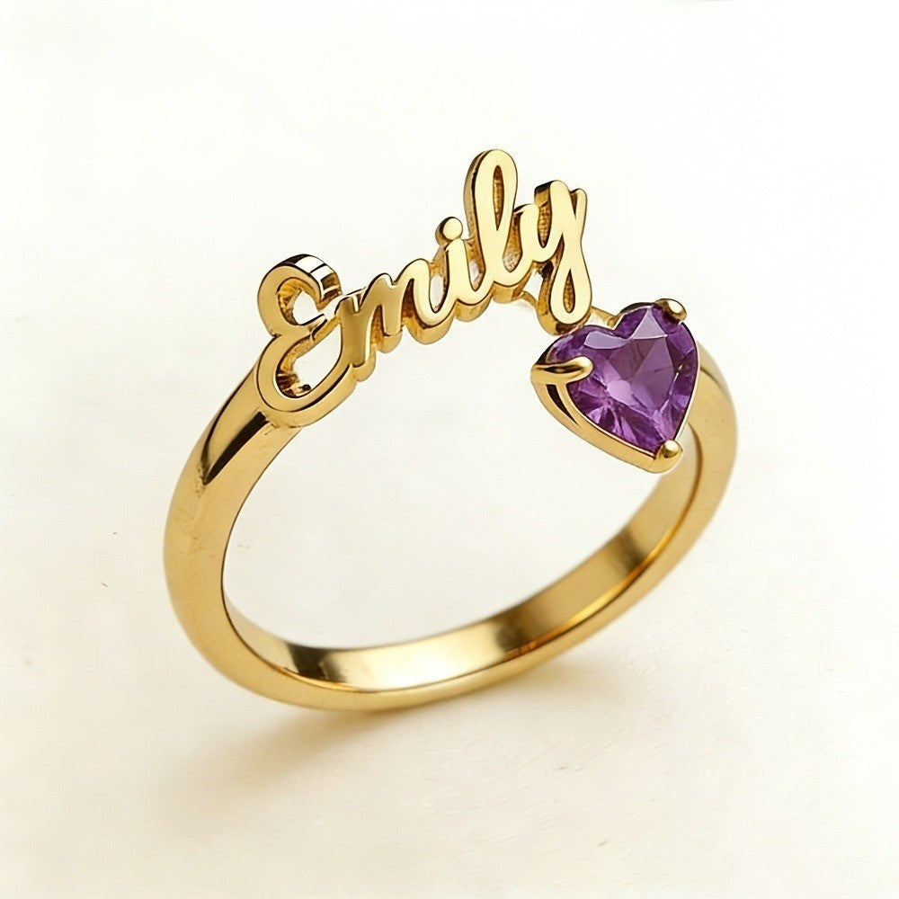 Dainty Script Name & Heart Birthstone Ring