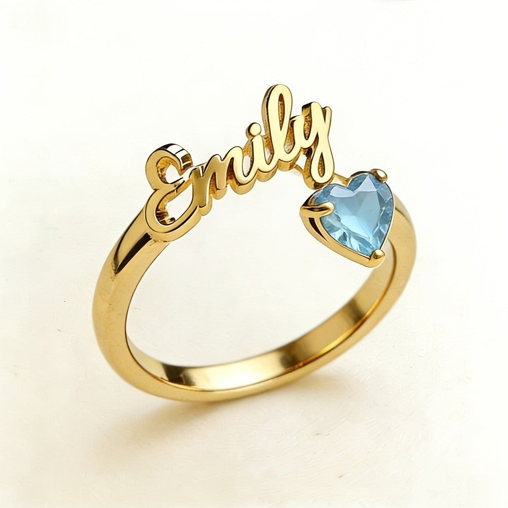 Dainty Script Name & Heart Birthstone Ring