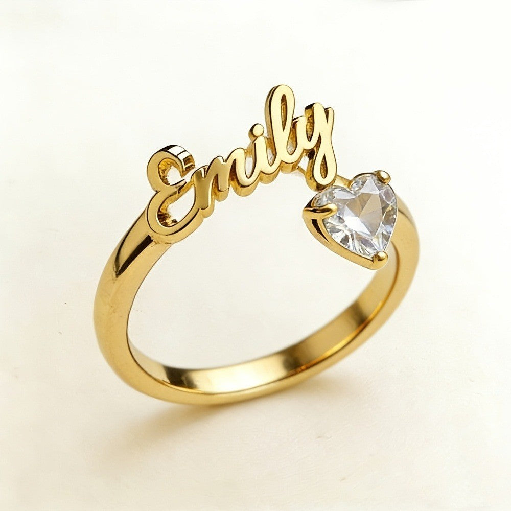 Dainty Script Name & Heart Birthstone Ring