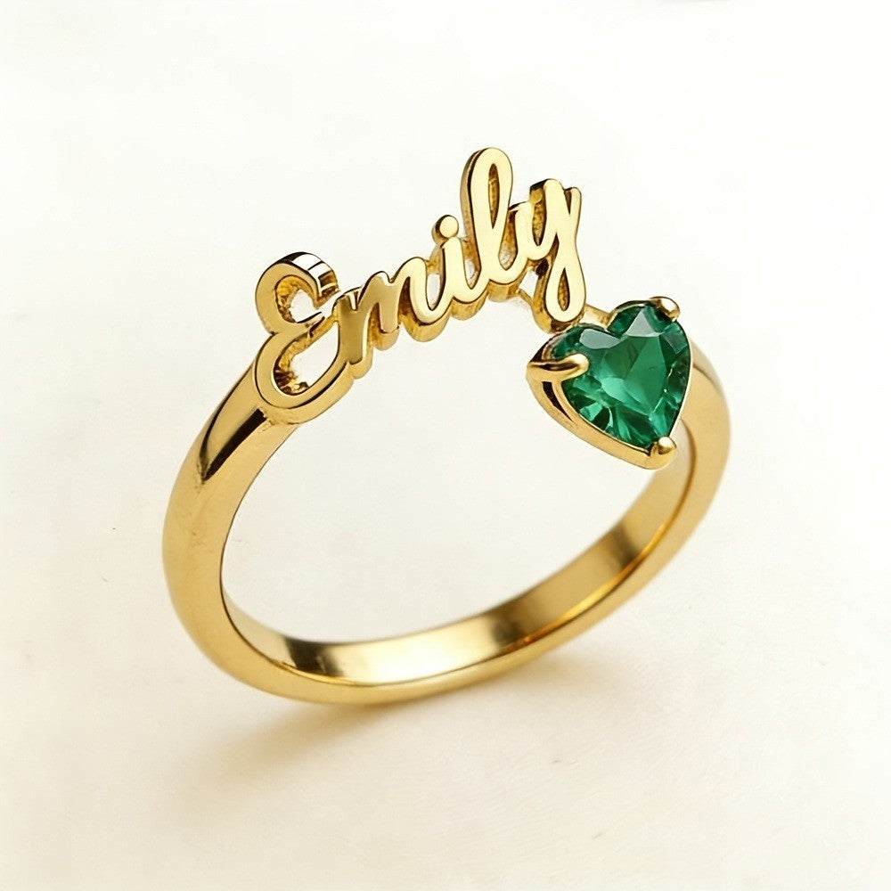 Dainty Script Name & Heart Birthstone Ring