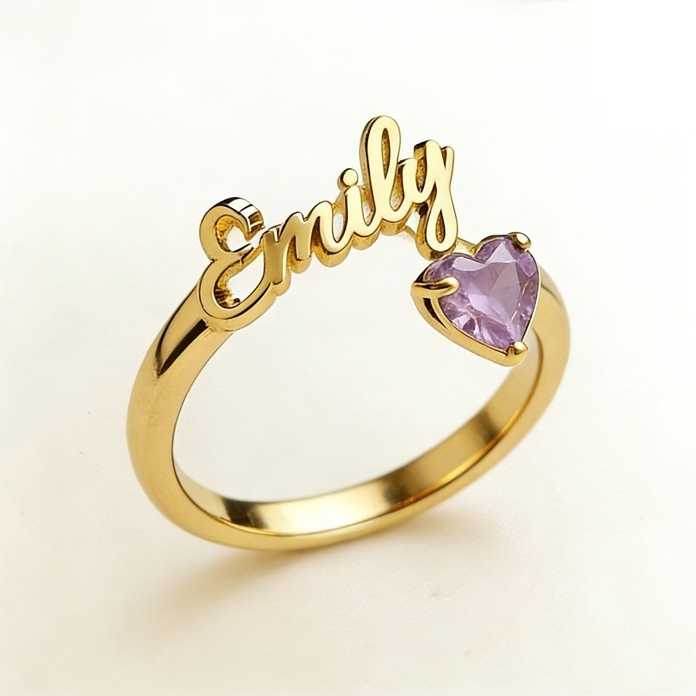 Dainty Script Name & Heart Birthstone Ring