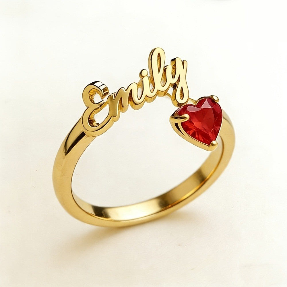 Dainty Script Name & Heart Birthstone Ring