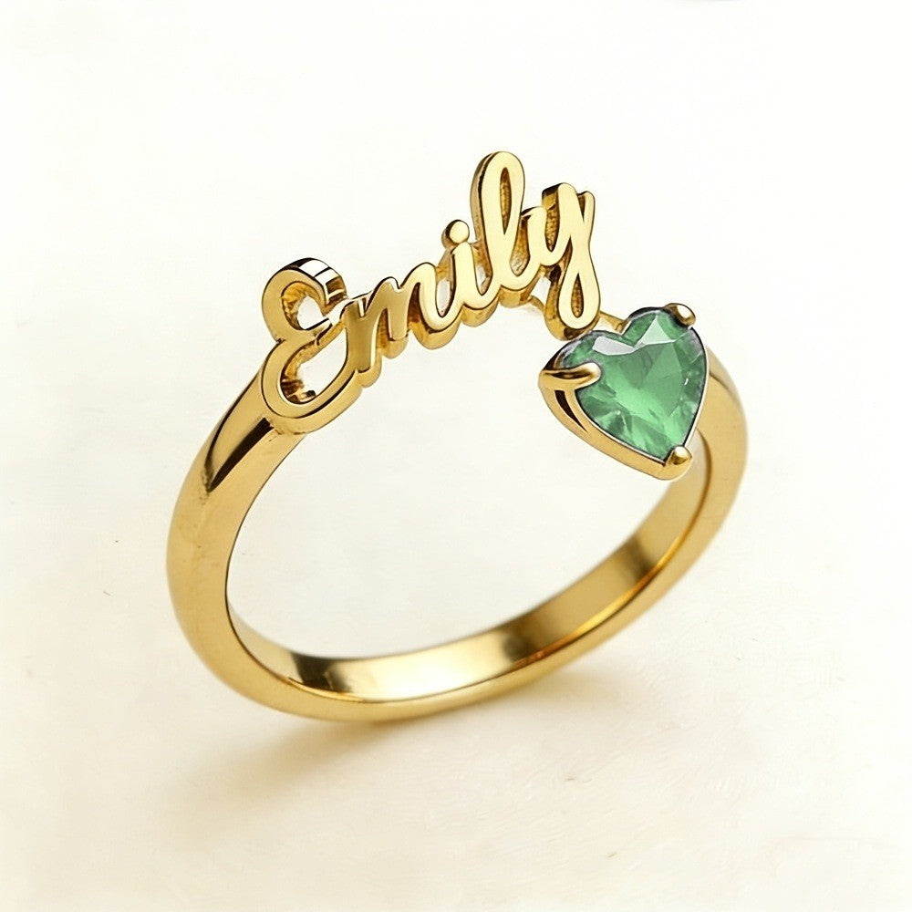 Dainty Script Name & Heart Birthstone Ring