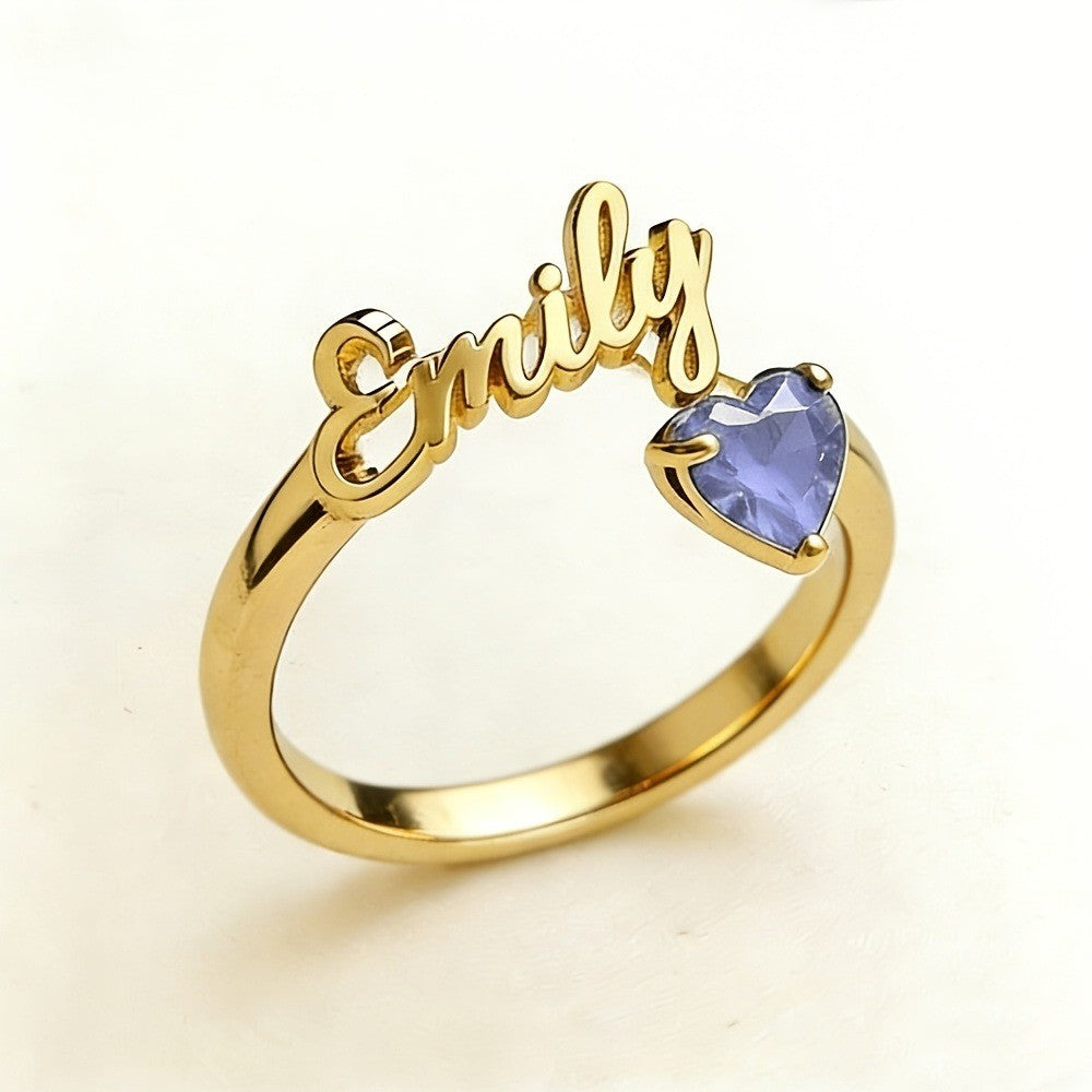 Dainty Script Name & Heart Birthstone Ring