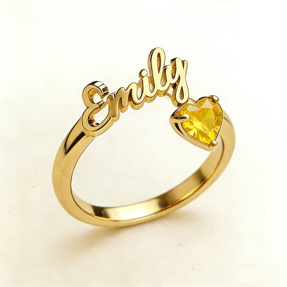 Dainty Script Name & Heart Birthstone Ring