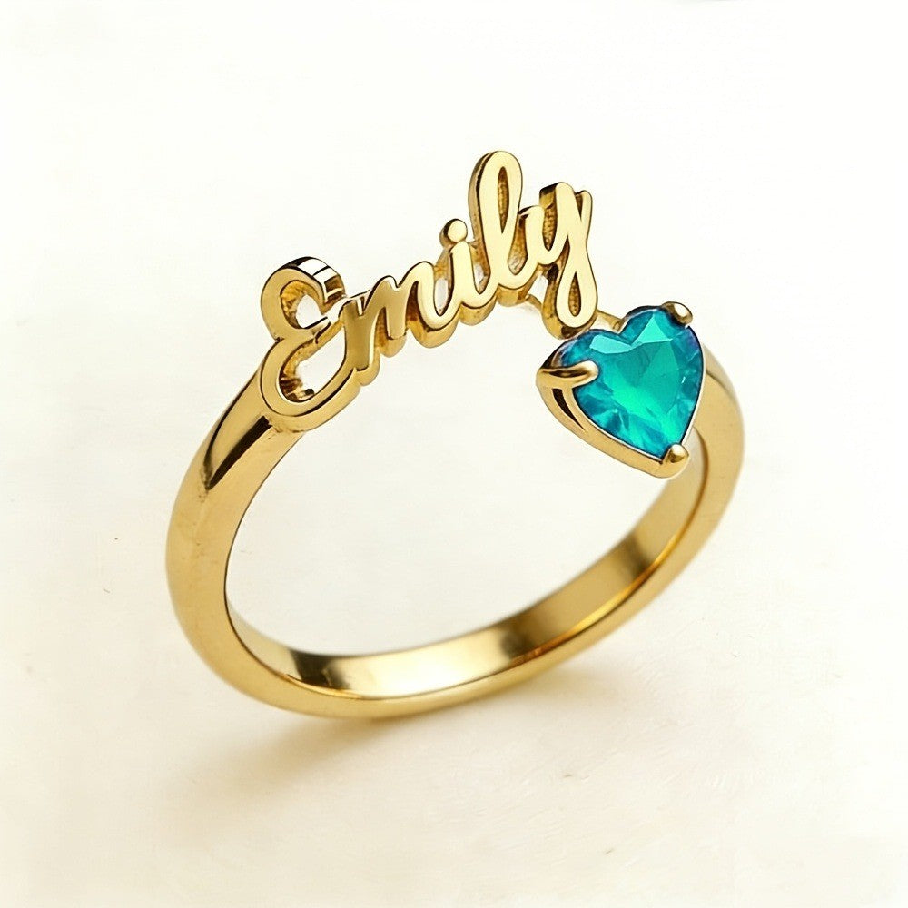 Dainty Script Name & Heart Birthstone Ring