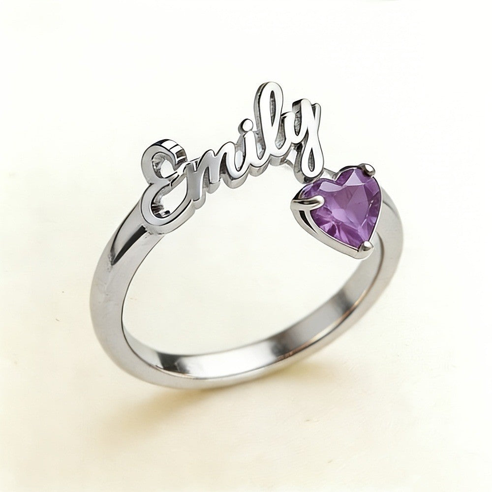 Dainty Script Name & Heart Birthstone Ring