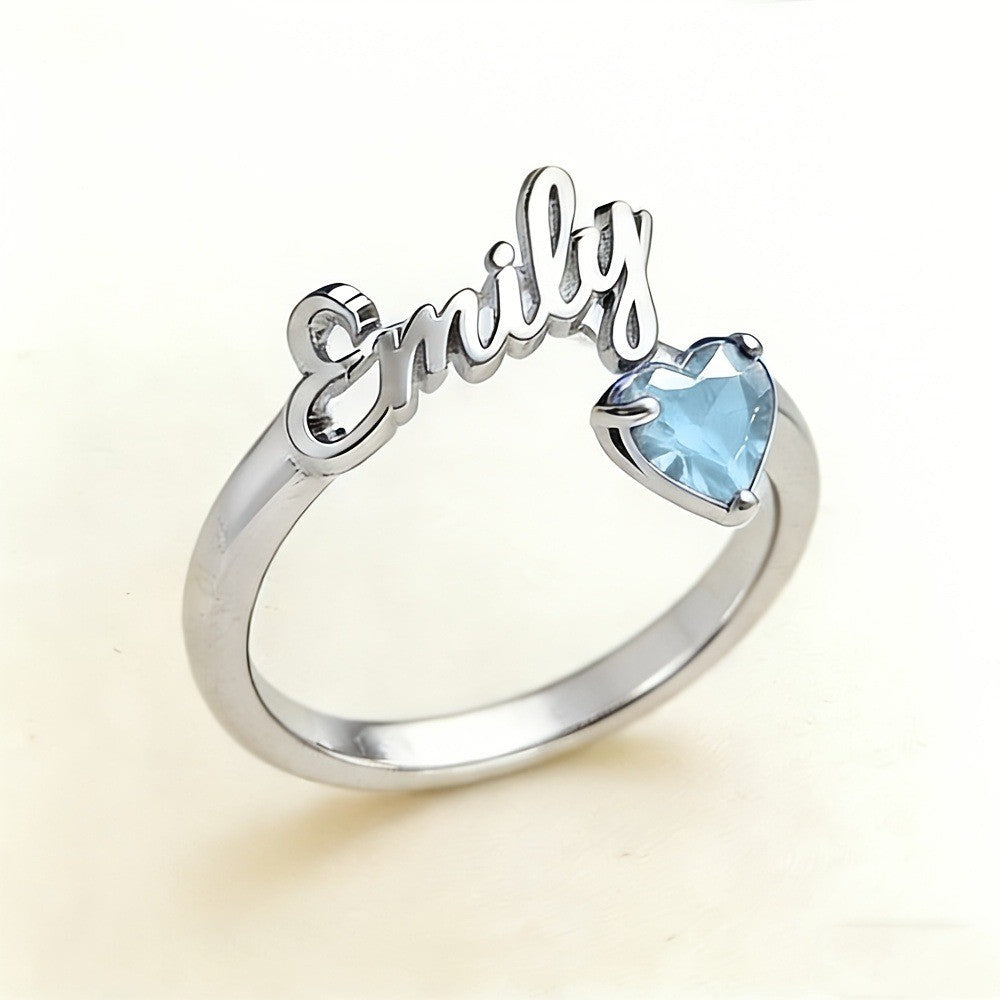 Dainty Script Name & Heart Birthstone Ring