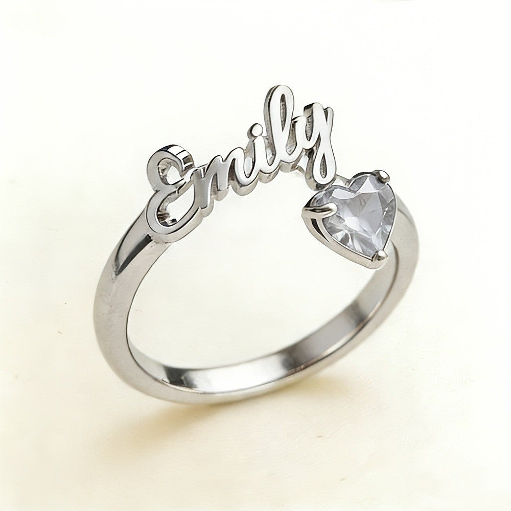 Dainty Script Name & Heart Birthstone Ring