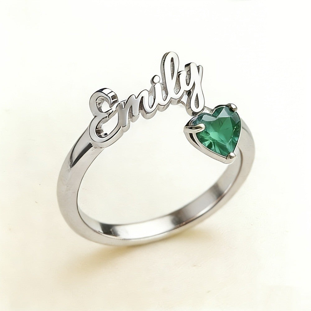 Dainty Script Name & Heart Birthstone Ring
