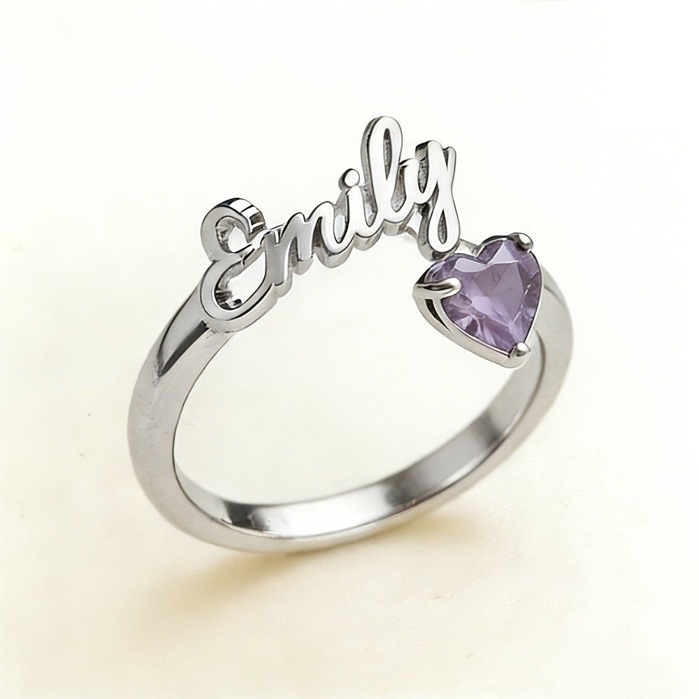 Dainty Script Name & Heart Birthstone Ring