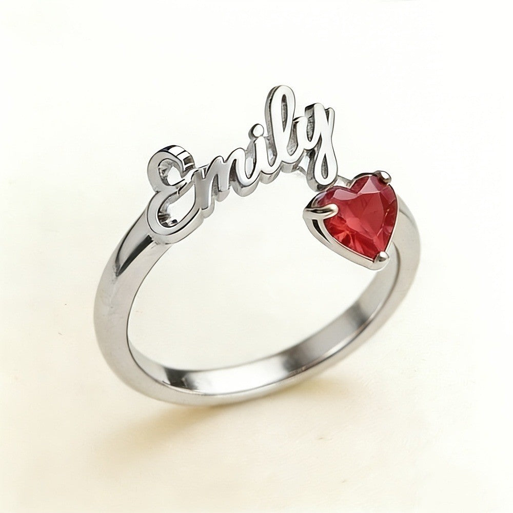 Dainty Script Name & Heart Birthstone Ring