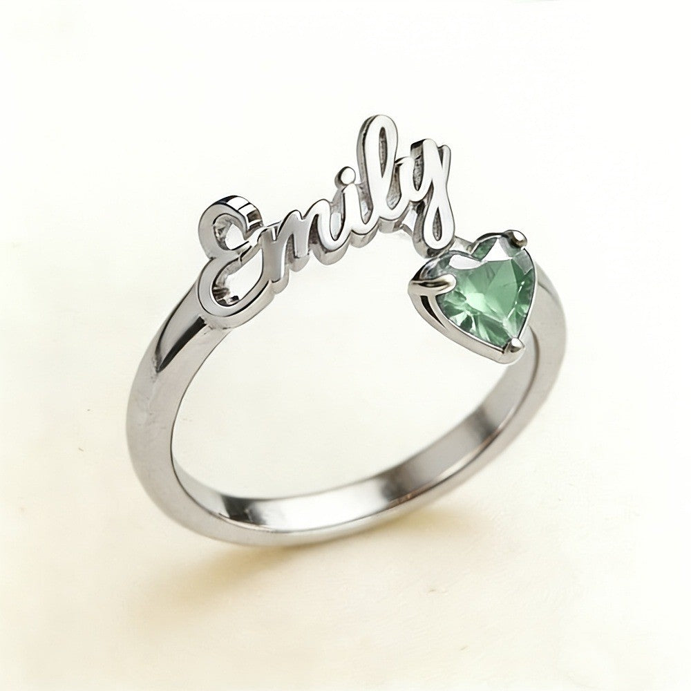 Dainty Script Name & Heart Birthstone Ring