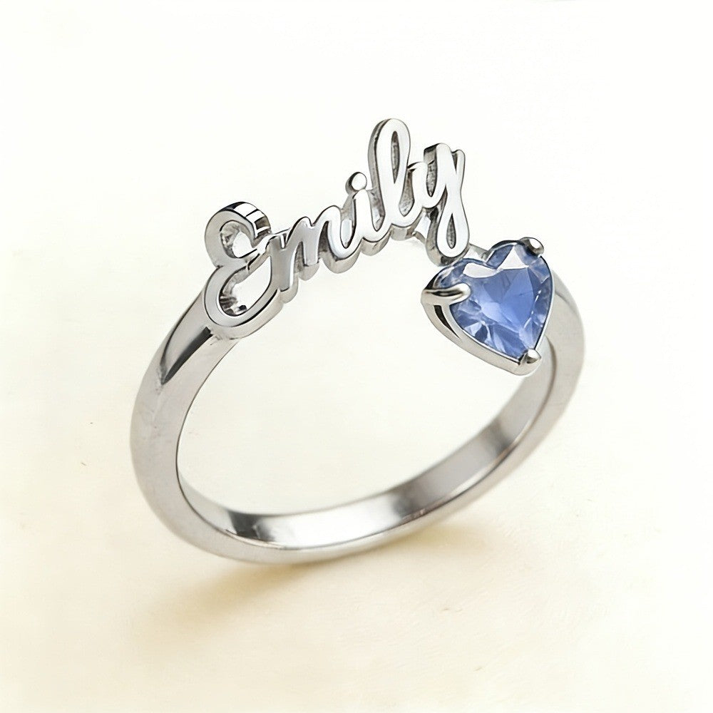 Dainty Script Name & Heart Birthstone Ring