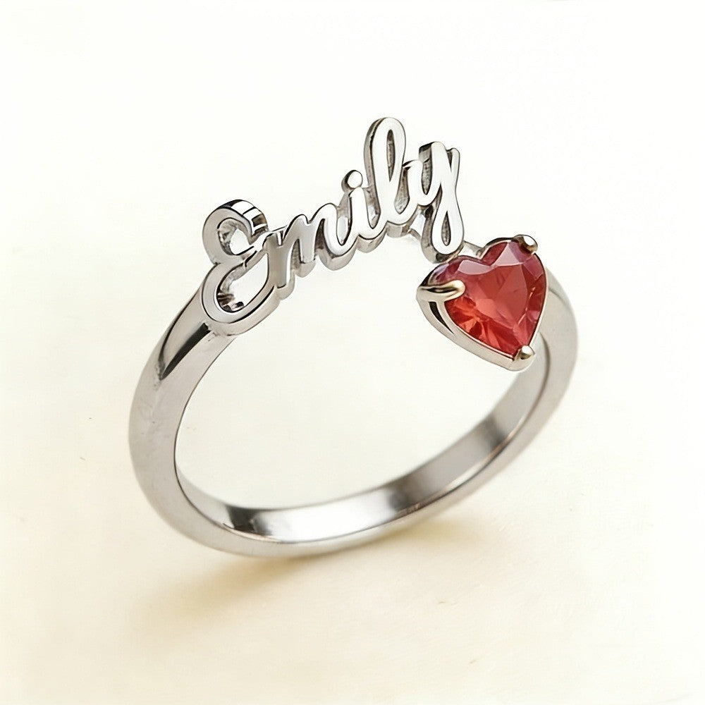 Dainty Script Name & Heart Birthstone Ring