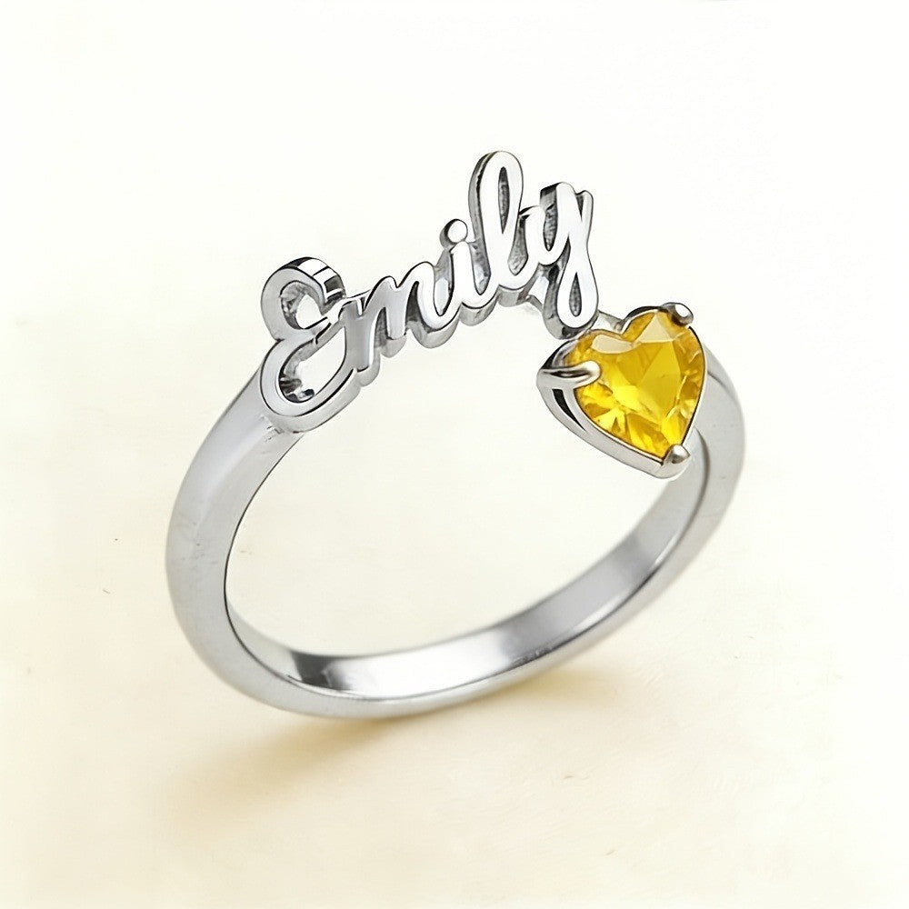 Dainty Script Name & Heart Birthstone Ring
