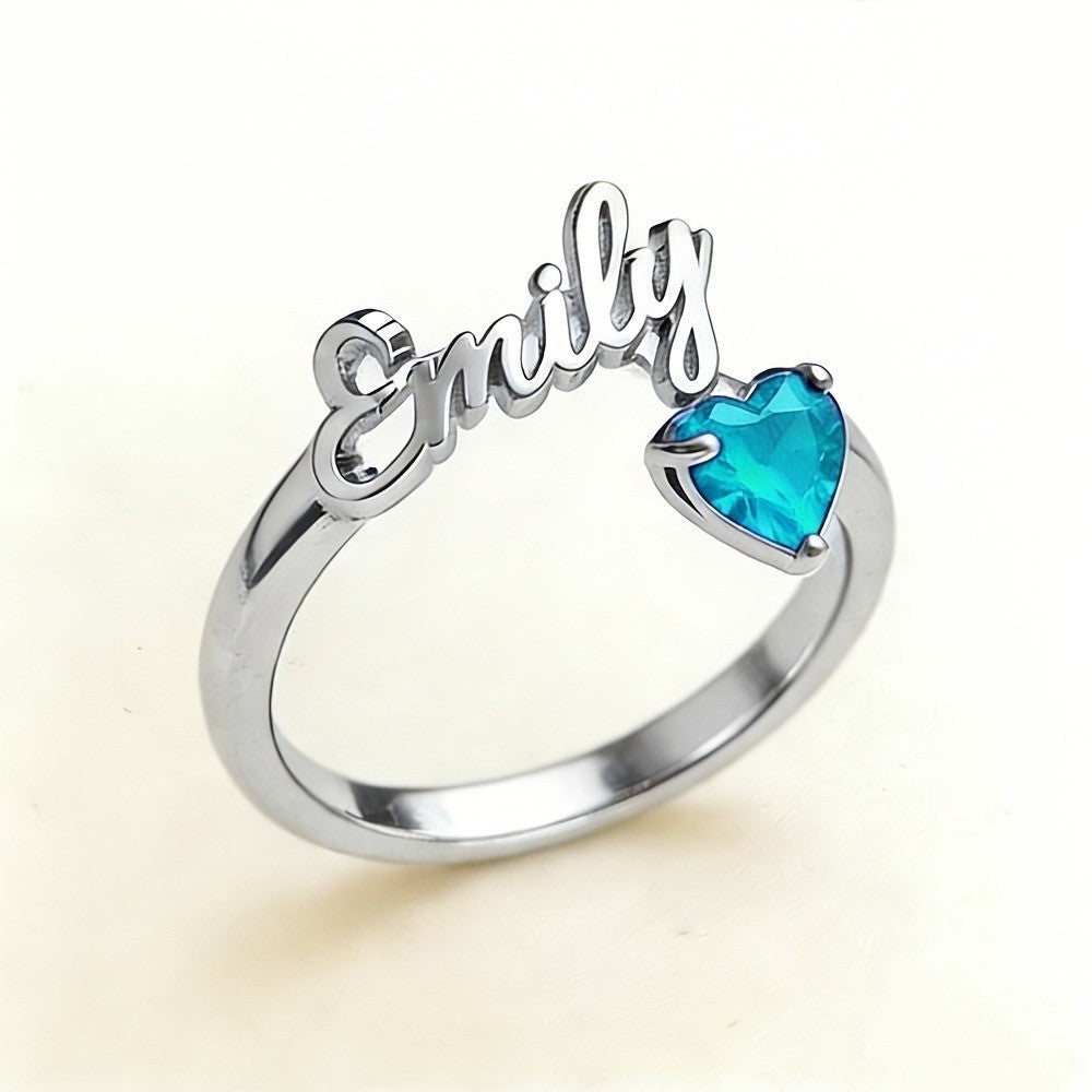 Dainty Script Name & Heart Birthstone Ring