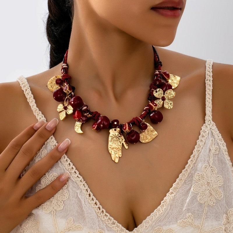 14k Boho Red Braided Multi-Charm Necklace