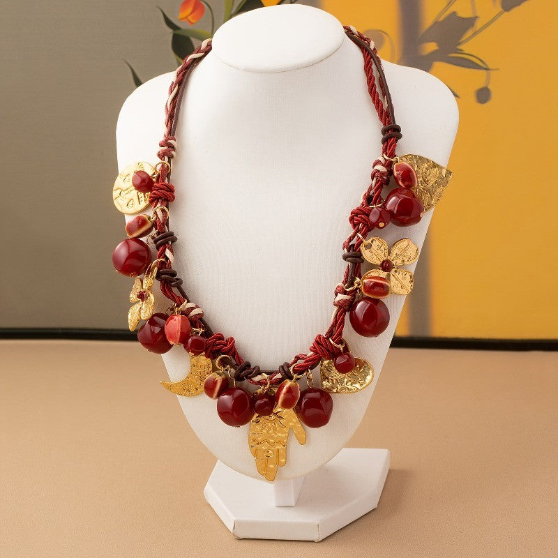 14k Boho Red Braided Multi-Charm Necklace