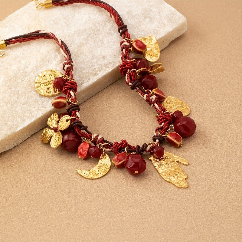 14k Boho Red Braided Multi-Charm Necklace